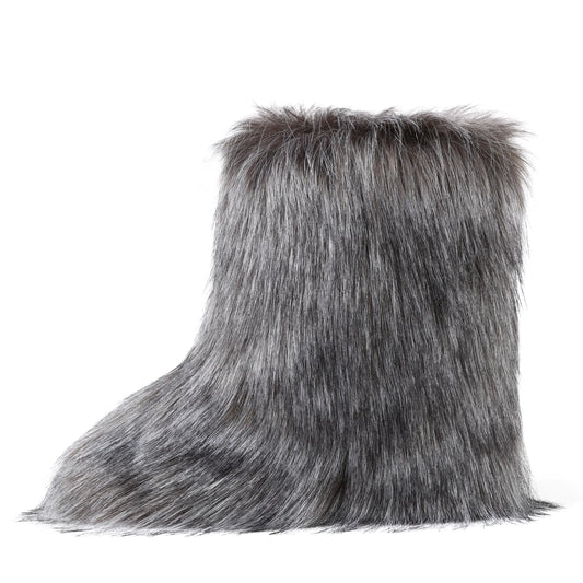 CELNEPHO Dark Grey Womens Faux fur Boot Furry Fluffy Comfortable Mid-Calf Boots Round Toe Warm Fur Lined Snow Boots Y2K Outdoor Rave Outdoor Fashion Boots