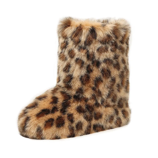 yamerbo Womens Faux Fur Boots Furry Fuzzy Fluffy Y2k Winter Snow Shoes Puffy Warm Short Mid-Calf Boots-Leopard print